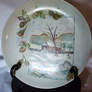 Vintage Green Pink Floral Hand Painted Plate - 9.25"